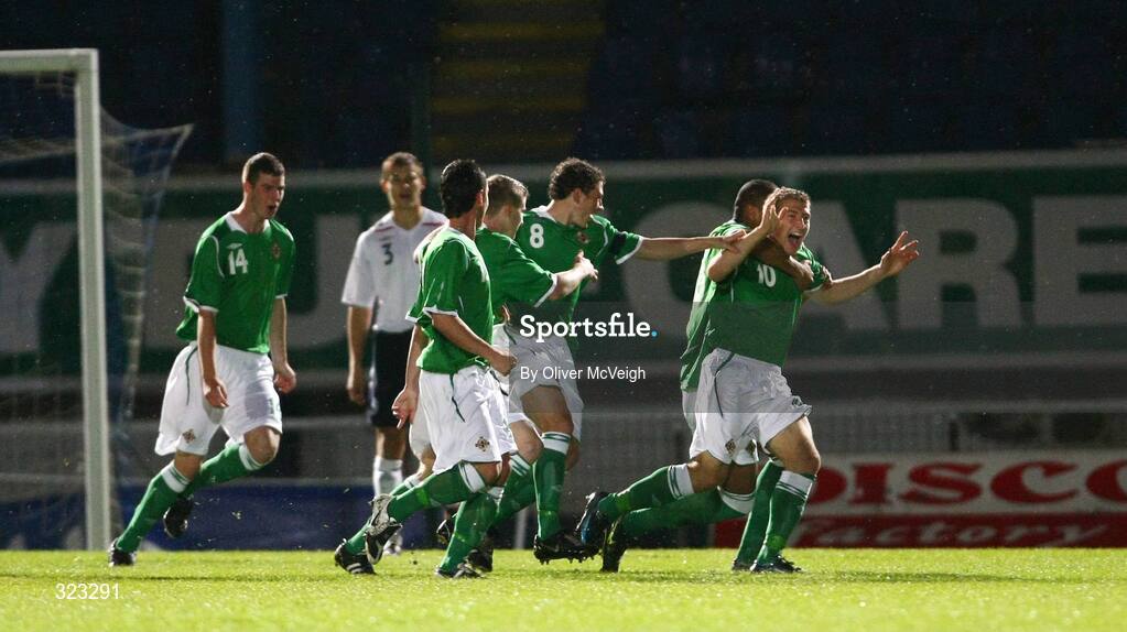 10 October 2008; Northern Ireland's James Lawrie, right, celebrates with team-mates after scoring his side's first goal. UEFA Under 19 European Championships Qualifying Round, Northern Ireland v England, Windsor Park, Belfast. Picture credit: Oliver McVeigh / SPORTSFILE