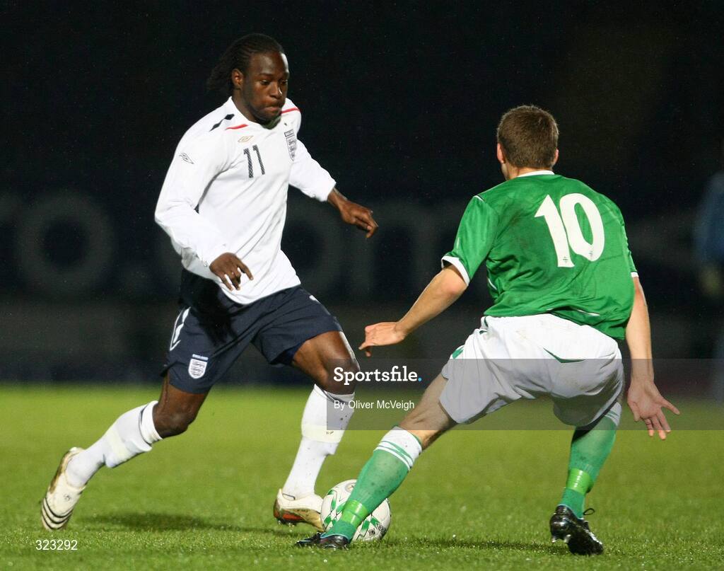 10 October 2008; Victor Moses, England, in action against James Lawrie, Northern Ireland. UEFA Under 19 European Championships Qualifying Round, Northern Ireland v England, Windsor Park, Belfast. Picture credit: Oliver McVeigh / SPORTSFILE