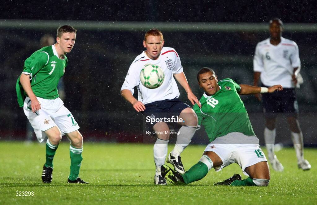 10 October 2008; Michael Woods, England, in action against Eunan O'Kane and Josh Magennis, Northern Ireland. UEFA Under 19 European Championships Qualifying Round, Northern Ireland v England, Windsor Park, Belfast. Picture credit: Oliver McVeigh / SPORTSFILE