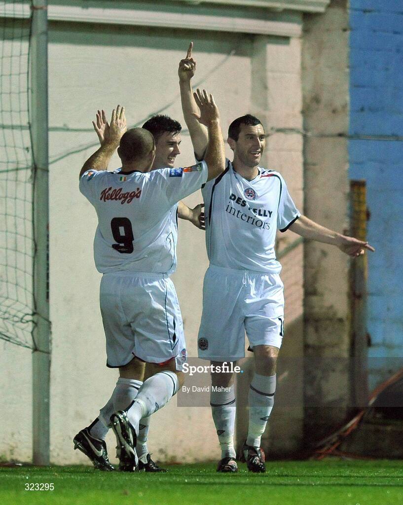10 October 2008; Bohemians' Jason Byrne, third from right, celebrates after scoring his side's first goal with team-mates Anto Murphy and Glen Crowe,9. eircom League Premier Division, Drogheda United v Bohemians, United Park, Drogheda. Picture credit: David Maher / SPORTSFILE