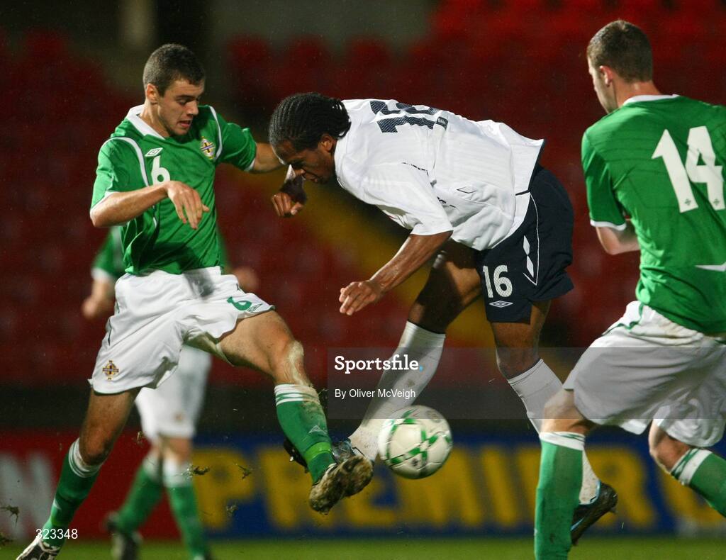 10 October 2008; Nathan Delfouneso, England, in action against Chris Ramsey, Northern Ireland. UEFA Under 19 European Championships Qualifying Round, Northern Ireland v England, Windsor Park, Belfast. Picture credit: Oliver McVeigh / SPORTSFILE
