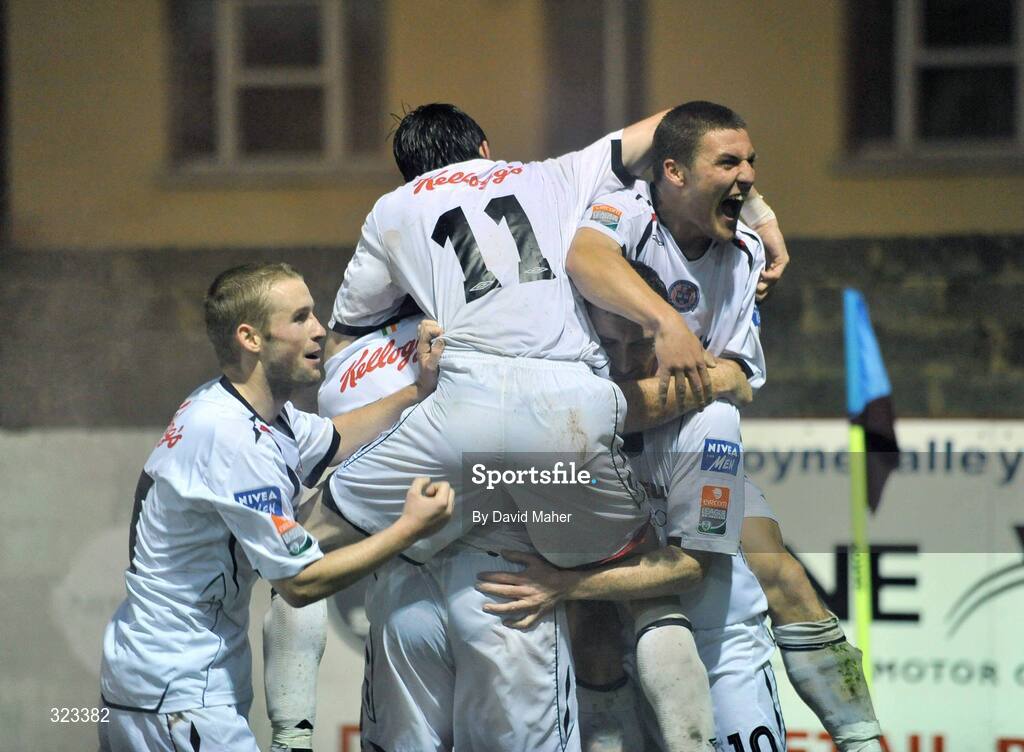 10 October 2008; Bohemians' Jason Byrne, hidden, celebrates after scoring his side's second, and winning, goal with team-mates. eircom League Premier Division, Drogheda United v Bohemians, United Park, Drogheda. Picture credit: David Maher / SPORTSFILE