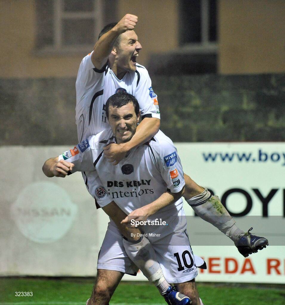 10 October 2008; Bohemians' Jason Byrne, 10, celebrates after scoring his side's second, and title winning, goal with team-mate Gary Deegan. eircom League Premier Division, Drogheda United v Bohemians, United Park, Drogheda. Picture credit: David Maher / SPORTSFILE