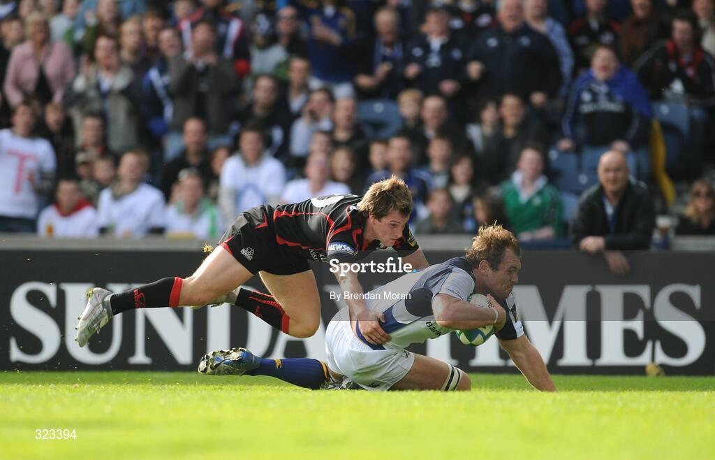 11 October 2008; Rocky Elsom, Leinster, scores his side's first try despte the tackle of Phil Gorman, Edinburgh. Heineken Cup, Pool 2, Round 1, Edinburgh v Leinster, Murrayfield, Edinburgh, Scotland. Picture credit: Brendan Moran / SPORTSFILE