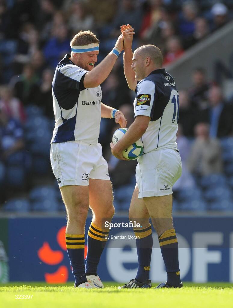11 October 2008; Leinster's Felipe Contepomi, right, celebrates after scoring his side's third try with team-mate Jamie Heaslip. Heineken Cup, Pool 2, Round 1, Edinburgh v Leinster, Murrayfield, Edinburgh, Scotland. Picture credit: Brendan Moran / SPORTSFILE
