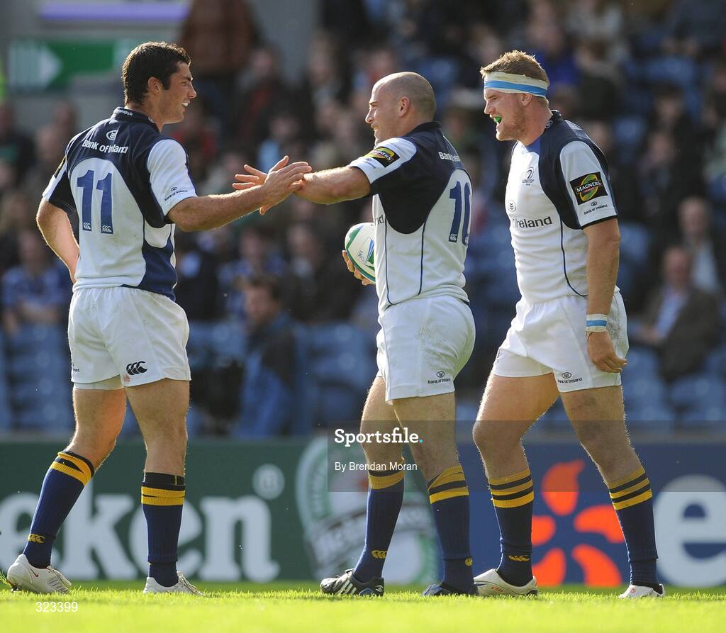 11 October 2008; Leinster's Felipe Contepomi, centre, is congratulated by team-mates Rob Kearney, left, and Jamie Heaslip after scoring their side's third try. Heineken Cup, Pool 2, Round 1, Edinburgh v Leinster, Murrayfield, Edinburgh, Scotland. Picture credit: Brendan Moran / SPORTSFILE