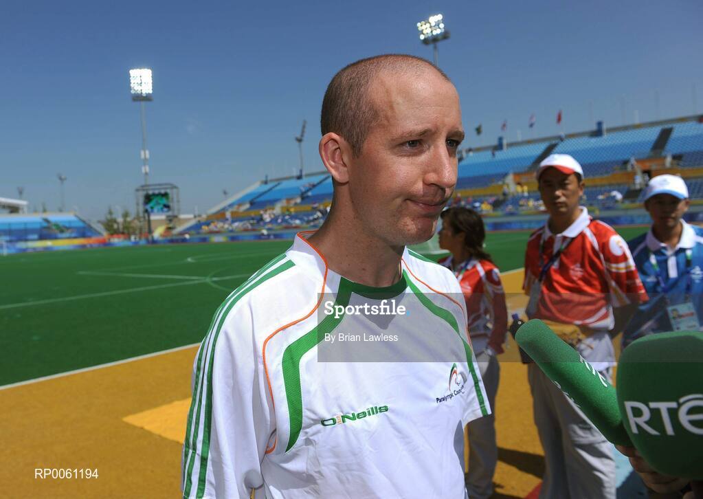 10 September 2008; Ireland captain Aidan Brennan is interviewed after the match. Ireland lost their match 7-0 and will face Great Britain in their final group match this coming Friday the 12th. Beijing Paralympic Games 2008, Ireland v Ukraine, 7-A-Side Soccer, First Round, Group B, Match 6, Olympic Green Hockey Field A, Beijing, China. Picture credit: Brian Lawless / SPORTSFILE