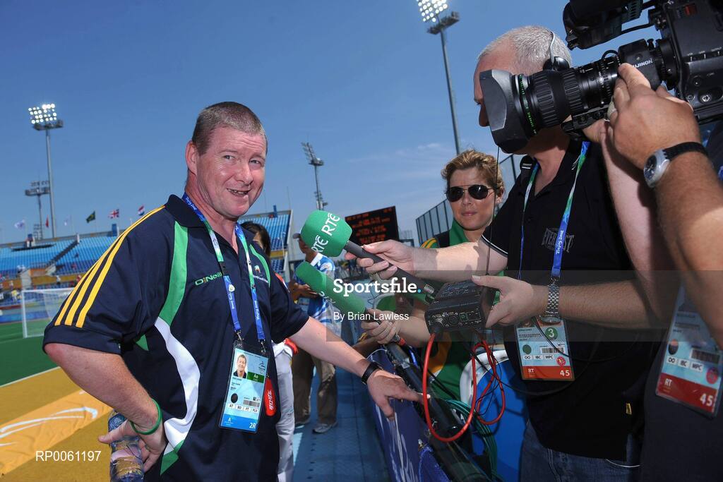 10 September 2008; Ireland manager Paul Cassin is interviewed after the match. Ireland lost their match 7-0 and will face Great Britain in their final group match this coming Friday the 12th. Beijing Paralympic Games 2008, Ireland v Ukraine, 7-A-Side Soccer, First Round, Group B, Match 6, Olympic Green Hockey Field A, Beijing, China. Picture credit: Brian Lawless / SPORTSFILE