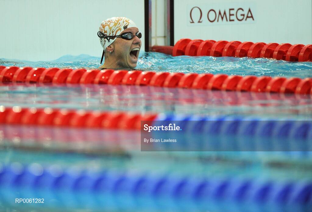 11 September 2008; Germany's Kirsten Bruhn celebrates after setting a new world record time of 1:36.30 during the     Women's 100m Breaststroke - SB5. Beijing Paralympic Games 2008, Women's 100m Breaststroke - SB5, Heat 2, National Aquatic Centre, Olympic Green, Beijing, China. Picture credit: Brian Lawless / SPORTSFILE