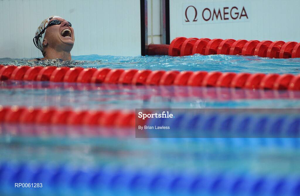 11 September 2008; Germany's Kirsten Bruhn celebrates after setting a new world record time of 1:36.30 during the     Women's 100m Breaststroke - SB5. Beijing Paralympic Games 2008, Women's 100m Breaststroke - SB5, Heat 2, National Aquatic Centre, Olympic Green, Beijing, China. Picture credit: Brian Lawless / SPORTSFILE