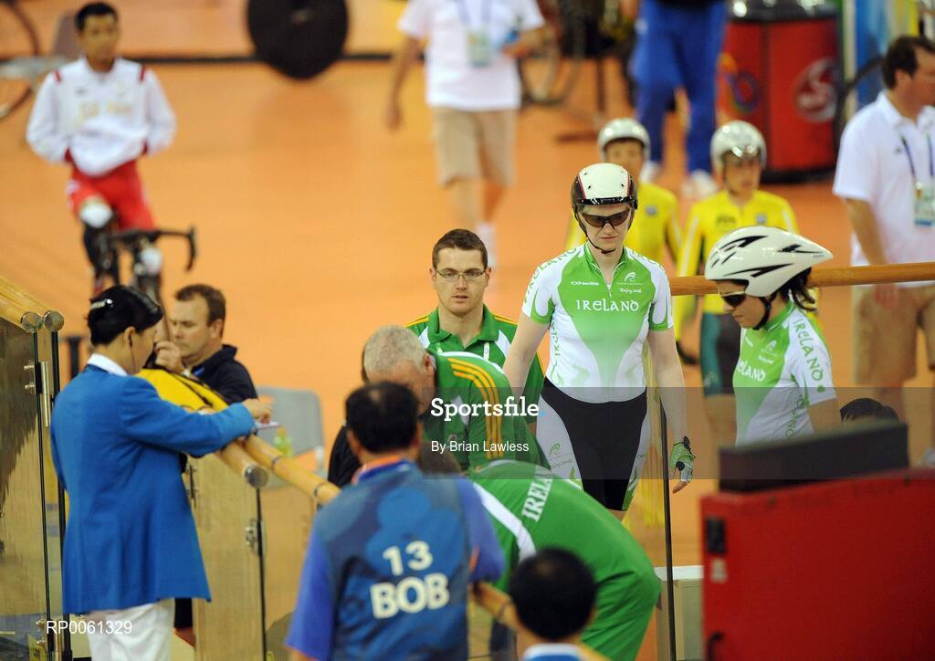 7 September 2008; Catherine Walsh, from Swords, Dublin, and sighted pilot rider Joanna Hickey, from Rathfarnham, Dublin, right, before the 1km Time Trial Final (B&VI 1-3 class). The duo finished in 7th position overall. Beijing Paralympic Games 2008, Women's 1km Time Trial (B&VI 1-3), Laoshan Velodrome, Shijingshan District, Beijing, China. Picture credit: Brian Lawless / SPORTSFILE