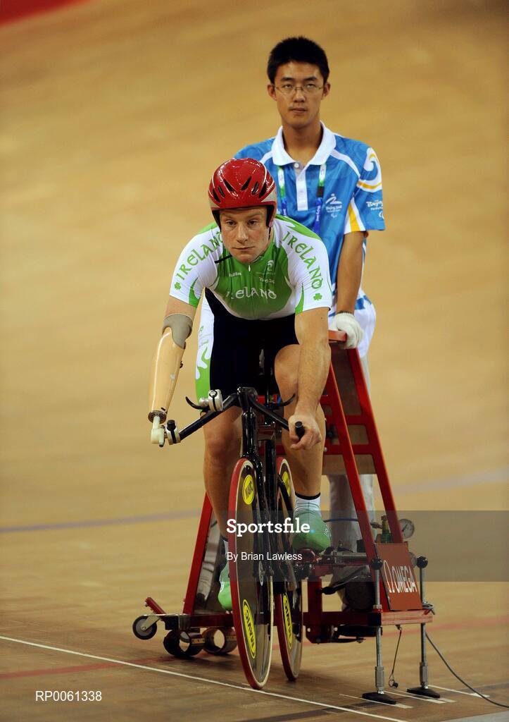 8 September 2008; Cathal Miller, from Artane, Dublin, waits to start the Men's 4km Individual Pursuit (LC1) Qualifier. Cathal finished 5th in a time of 4.53:969 setting a new Irish Record and personal best, smashing his existing record by over 7 seconds. Beijing Paralympic Games 2008, Men's 4km Individual Pursuit (LC1) Qualifier, Laoshan Velodrome, Shijingshan District, Beijing, China. Picture credit: Brian Lawless / SPORTSFILE