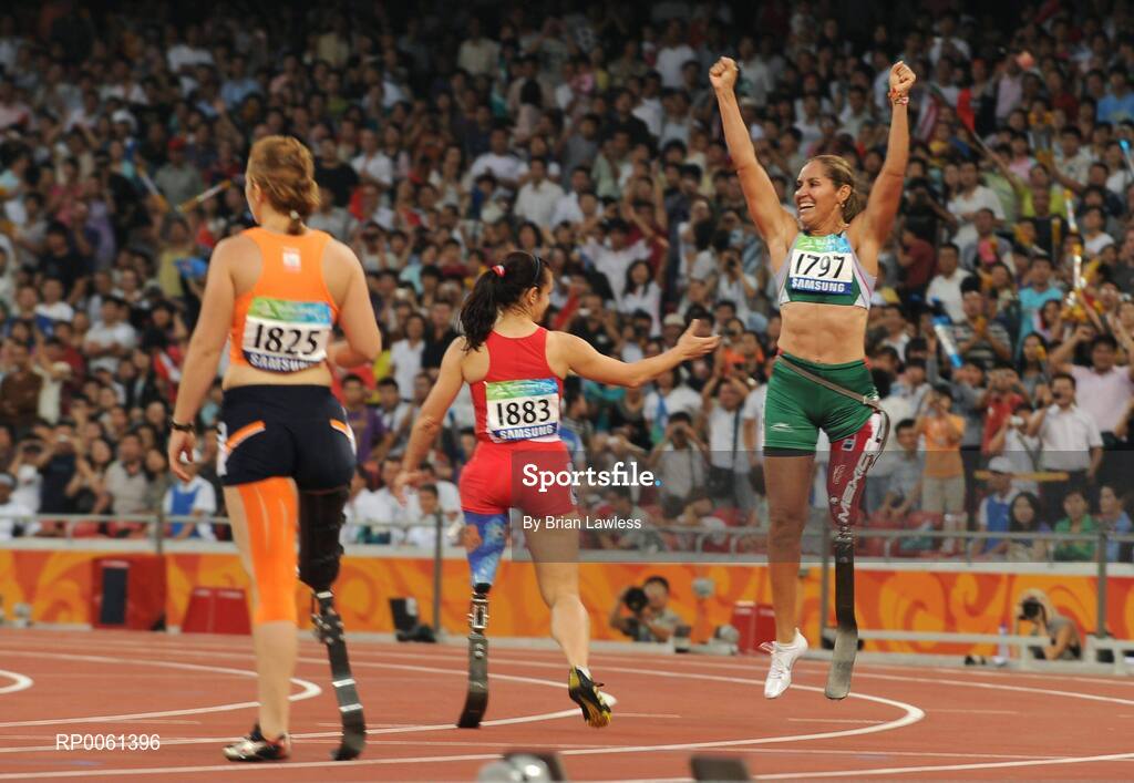 13 September 2008; Mexico's Perla Bustamante celebrates winning the Women's 100m - T42 Final in a world record time of 16.32. Beijing Paralympic Games 2008, Women's 100m - T42 Final, National Stadium, Olympic Green, Beijing, China. Picture credit: Brian Lawless / SPORTSFILE