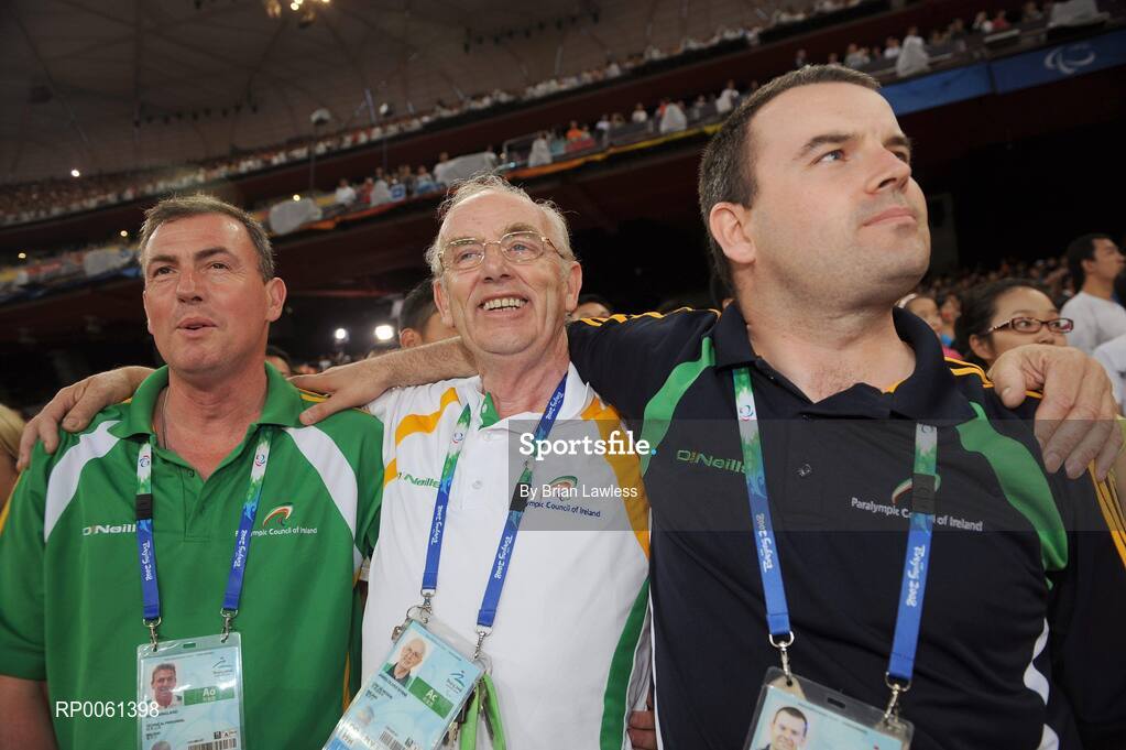 13 September 2008; Chef de Mission Jimmy Byrne, centre, with Paralympic Performance Director Liam Harbison, right, and Team Sports Psychologist Alan Ringland, after Ireland's Jason Smyth, from Eglington, Co. Derry, won the Men's 100m T13 Final to win Gold and set a new world and paralympic record in a time of 10.62, beating his own world record of 10.81 which he set in this mornings heats. Beijing Paralympic Games 2008, Men's 100m T13 Final, National Stadium, Olympic Green, Beijing, China. Picture credit: Brian Lawless / SPORTSFILE