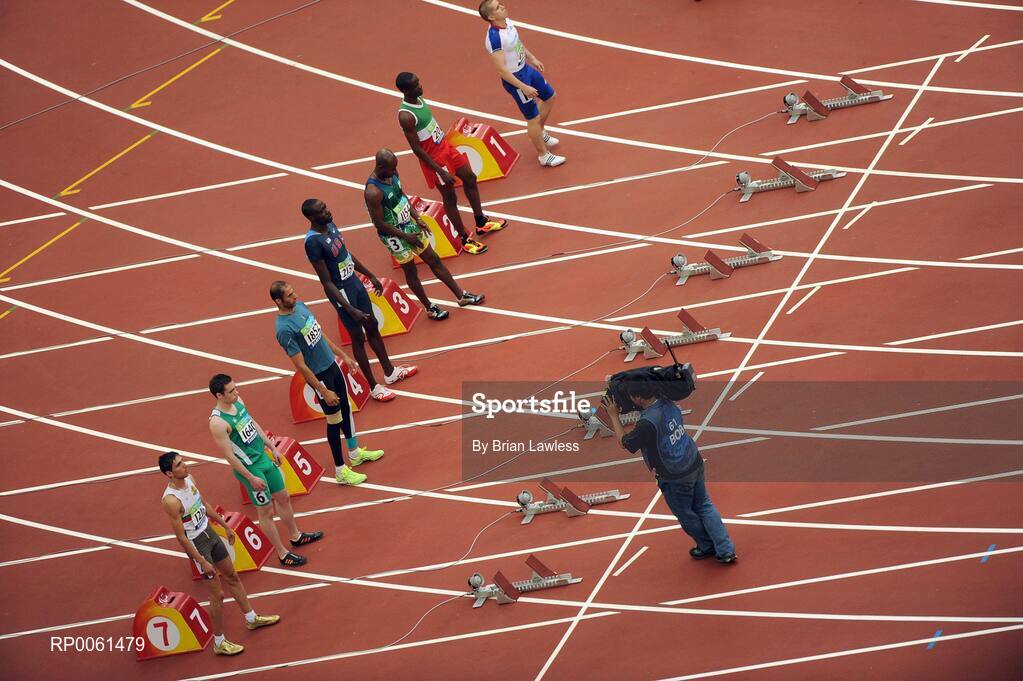 13 September 2008; Ireland's Jason Smyth, from Eglington, Co. Derry, in lane 6, awaits the start of the Men's 100m T13 Heat before setting a new world record in a time of 10.81. Smyth went on to win Gold in the final and beat his time to set a new world record with a time of 10.62. Beijing Paralympic Games 2008, Men's 100m T13 Heat 1, National Stadium, Olympic Green, Beijing, China. Picture credit: Brian Lawless / SPORTSFILE