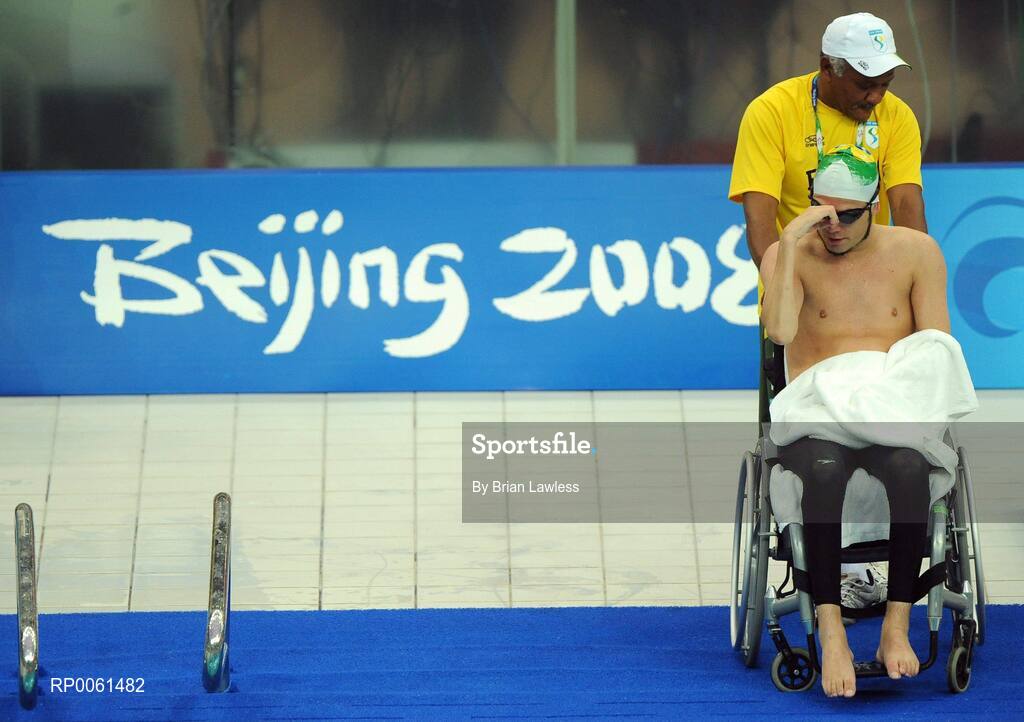 13 September 2008; Brazil's Gabriel Feiten shows his disappointment after failing to qualify for the final of the Men's 50m Freestyle - S2 final. Beijing Paralympic Games 2008, Men's 50m Freestyle - S2, Heat 1, National Aquatic Centre, Olympic Green, Beijing, China. Picture credit: Brian Lawless / SPORTSFILE