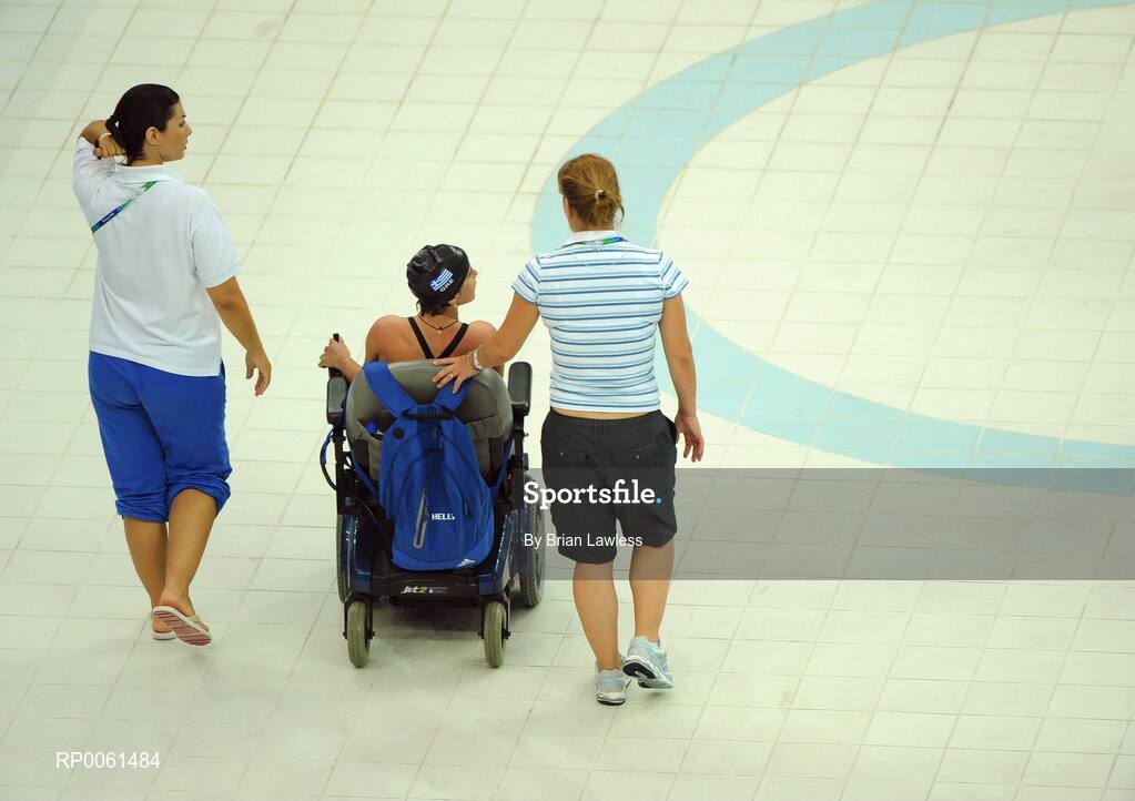 13 September 2008; Greece's Maria Kalpakidou, centre, after competing in the Women's 50m Freestyle - S3 heats. Beijing Paralympic Games 2008, National Aquatic Centre, Olympic Green, Beijing, China. Picture credit: Brian Lawless / SPORTSFILE