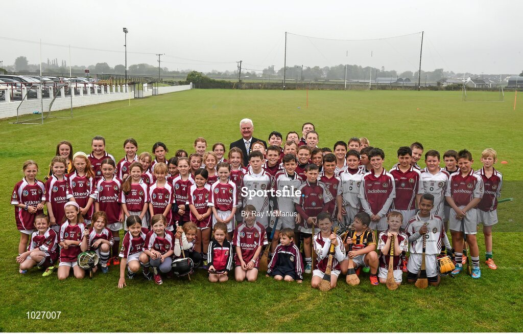 14 July 2015; Uachtarán Chumann Lúthchleas Gael Aogán Ó Fearghail  with girls and boys from the host Dicksboro GAA Club at the launch of the GAA Hurling All-Ireland Senior Championship Series 2015. Dicksboro GAA Club, Kilkenny. Picture credit: Ray McManus / SPORTSFILE