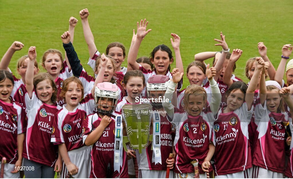 14 July 2015; Girls from the Dicksboro GAA and Camogie Club with the Liam MacCarthy Cup at the launch of the GAA Hurling All-Ireland Senior Championship Series 2015. Dicksboro GAA Club, Kilkenny. Picture credit: Ray McManus / SPORTSFILE