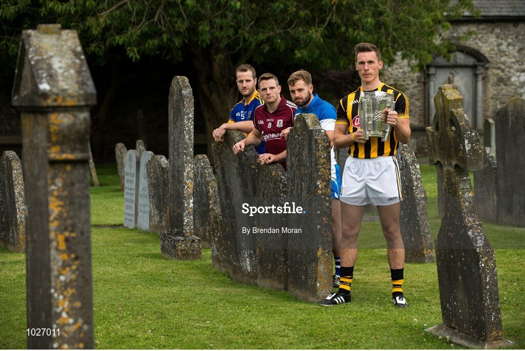 14 July 2015; In attendance at the launch of the GAA Hurling All-Ireland Senior Championship Series 2015, from left, Kieran Bergin, Tipperary, Andy Smith, Galway, Noel Connors, Waterford, and Cillian Buckley, Kilkenny, with the Liam MacCarthy Cup. St Canice's Cathedral, Kilkenny. Picture credit: Brendan Moran / SPORTSFILE