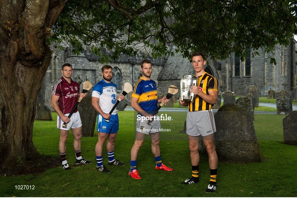 14 July 2015; In attendance at the launch of the GAA Hurling All-Ireland Senior Championship Series 2015, from left, Noel Connors, Waterford, Andy Smith, Galway, Kieran Bergin, Tipperary and Cillian Buckley, Kilkenny, with the Liam MacCarthy Cup. St Canice's Cathedral, Kilkenny. Picture credit: Brendan Moran / SPORTSFILE