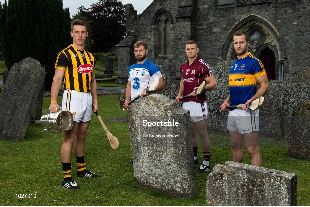 14 July 2015; In attendance at the launch of the GAA Hurling All-Ireland Senior Championship Series 2015, from left, Cillian Buckley, Kilkenny, with the Liam MacCarthy Cup, Noel Connors, Waterford, Andy Smith, Galway, and Kieran Bergin, Tipperary. St Canice's Cathedral, Kilkenny. Picture credit: Brendan Moran / SPORTSFILE