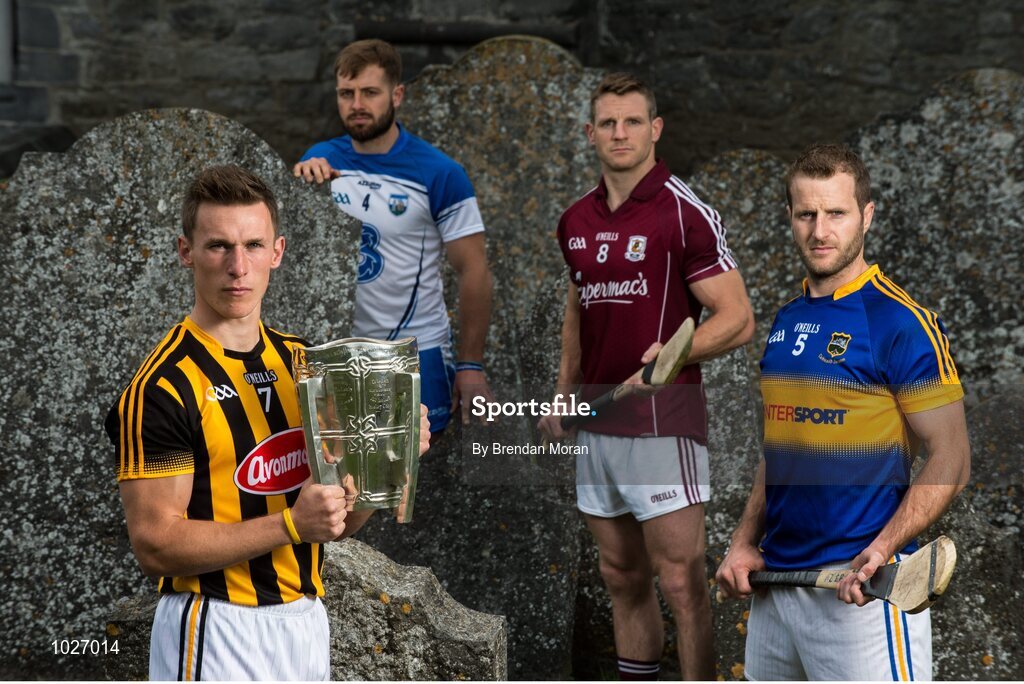 14 July 2015; In attendance at the launch of the GAA Hurling All-Ireland Senior Championship Series 2015, from left, Cillian Buckley, Kilkenny, with the Liam MacCarthy Cup, Noel Connors, Waterford, Andy Smith, Galway, and Kieran Bergin, Tipperary. St Canice's Cathedral, Kilkenny. Picture credit: Brendan Moran / SPORTSFILE