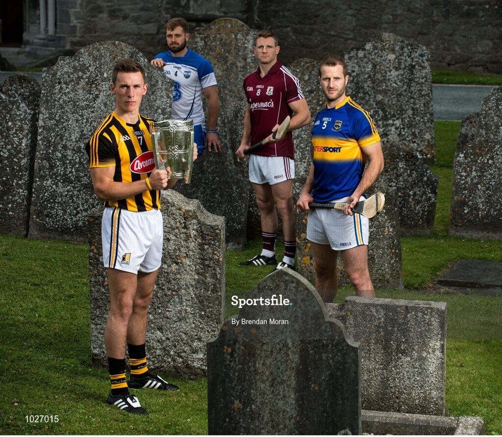 14 July 2015; In attendance at the launch of the GAA Hurling All-Ireland Senior Championship Series 2015, from left, Cillian Buckley, Kilkenny, with the Liam MacCarthy Cup, Noel Connors, Waterford, Andy Smith, Galway, and Kieran Bergin, Tipperary. St Canice's Cathedral, Kilkenny. Picture credit: Brendan Moran / SPORTSFILE