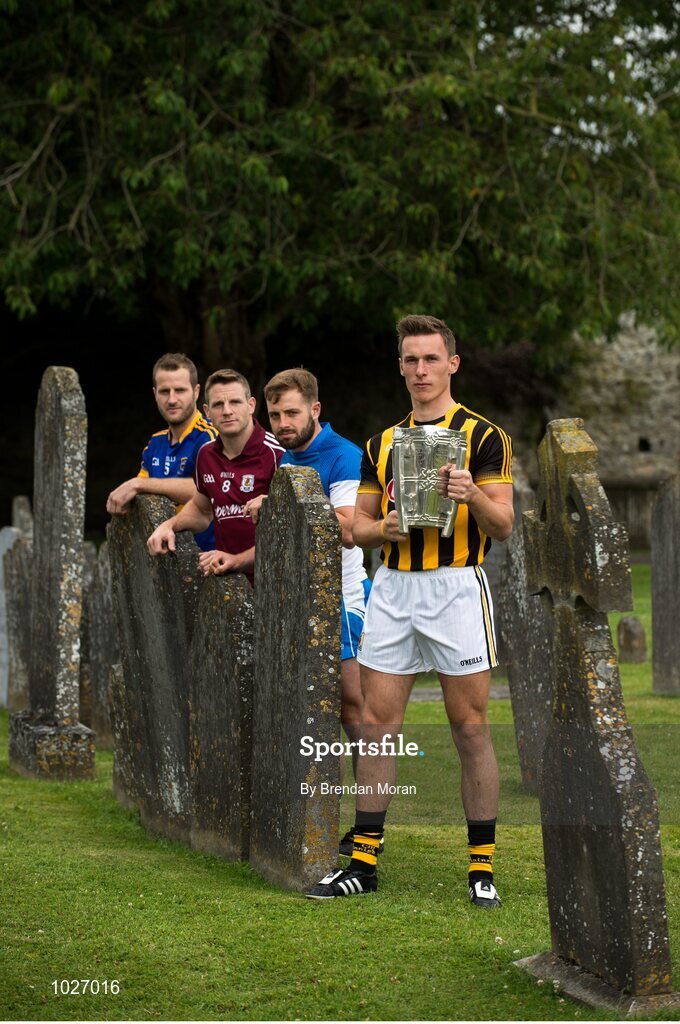 14 July 2015; In attendance at the launch of the GAA Hurling All-Ireland Senior Championship Series 2015, from left, Kieran Bergin, Tipperary, Andy Smith, Galway, Noel Connors, Waterford, and Cillian Buckley, Kilkenny, with the Liam MacCarthy Cup. St Canice's Cathedral, Kilkenny. Picture credit: Brendan Moran / SPORTSFILE