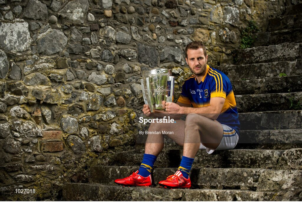 14 July 2015; In attendance at the launch of the GAA Hurling All-Ireland Senior Championship Series 2015 is Kieran Bergin, Tipperary, with the Liam MacCarthy Cup. St Canice's Cathedral, Kilkenny. Picture credit: Brendan Moran / SPORTSFILE