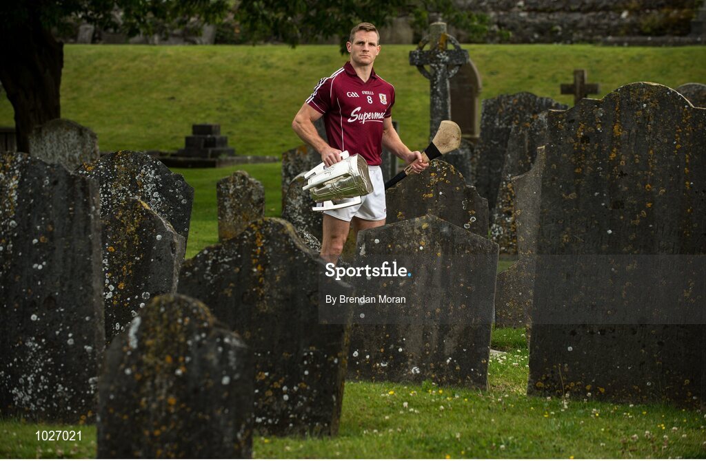 14 July 2015; In attendance at the launch of the GAA Hurling All-Ireland Senior Championship Series 2015 is Andy Smith, Galway, with the Liam MacCarthy Cup. St Canice's Cathedral, Kilkenny. Picture credit: Brendan Moran / SPORTSFILE
