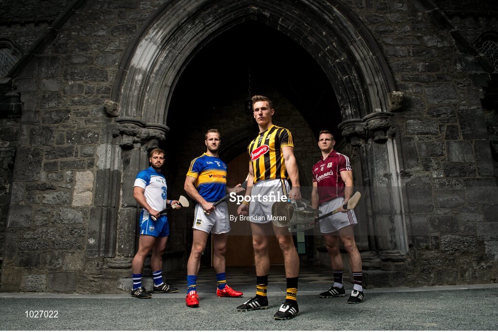 14 July 2015; In attendance at the launch of the GAA Hurling All-Ireland Senior Championship Series 2015, from left, Noel Connors, Waterford, Kieran Bergin, Tipperary, Cillian Buckley, Kilkenny, with the Liam MacCarthy Cup and Andy Smith, Galway. St Canice's Cathedral, Kilkenny. Picture credit: Brendan Moran / SPORTSFILE