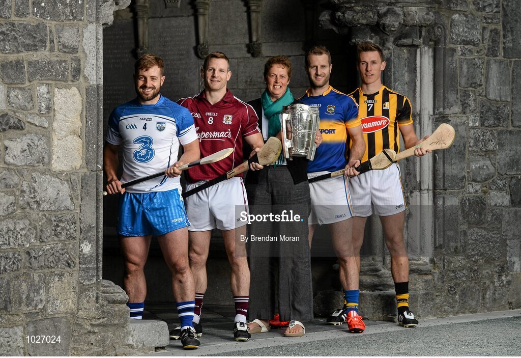 14 July 2015; In attendance at the launch of the GAA Hurling All-Ireland Senior Championship 2015, from left, Noel Connors, Waterford, Andy Smith, Galway, Shirley Parr, Curator, St Canice's Cathedral, Kieran Bergin, Tipperary, and Cillian Buckley, Kilkenny, with the Liam MacCarthy Cup. St Canice's Cathedral, Kilkenny. Picture credit: Brendan Moran / SPORTSFILE