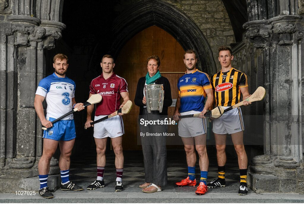 14 July 2015; In attendance at the launch of the GAA Hurling All-Ireland Senior Championship Series 2015, from left, Noel Connors, Waterford, Andy Smith, Galway, Shirley Parr, Curator, St Canice's Cathedral, Kieran Bergin, Tipperary, and Cillian Buckley, Kilkenny, with the Liam MacCarthy Cup. St Canice's Cathedral, Kilkenny. Picture credit: Brendan Moran / SPORTSFILE