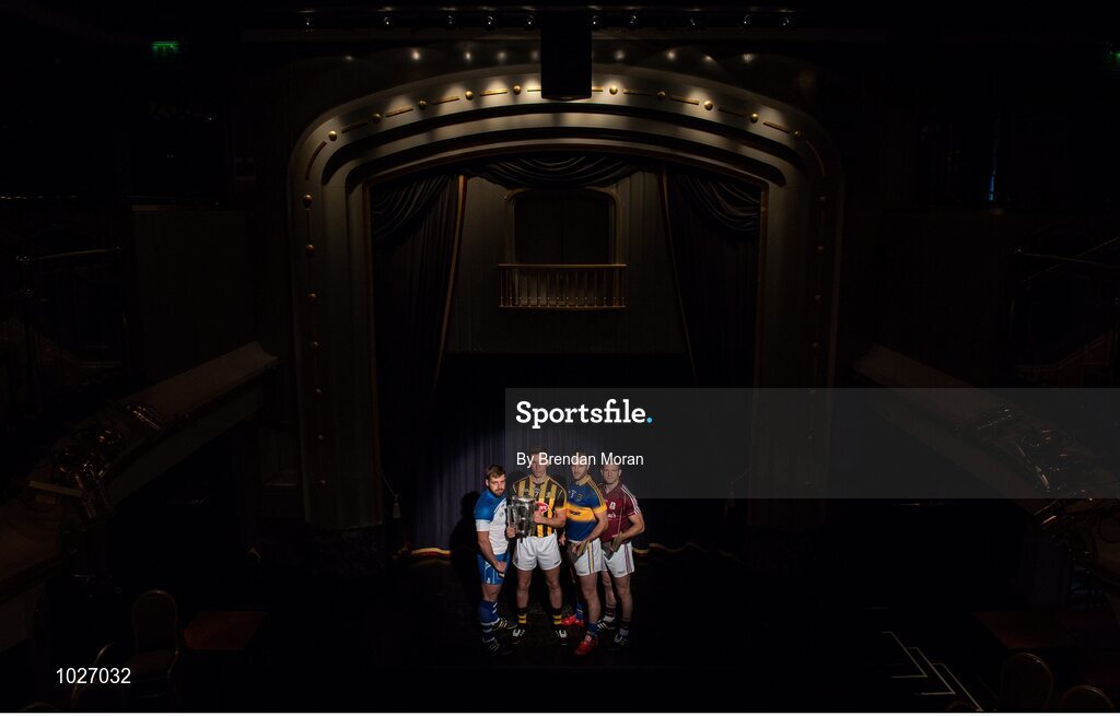 14 July 2015; In attendance at the launch of the GAA Hurling All-Ireland Senior Championship Series 2015, from left, Noel Connors, Waterford, Cillian Buckley, Kilkenny, with the Liam MacCarthy Cup, Kieran Bergin, Tipperary, and Andy Smith, Galway. Langtons House Hotel, Kilkenny. Picture credit: Brendan Moran / SPORTSFILE
