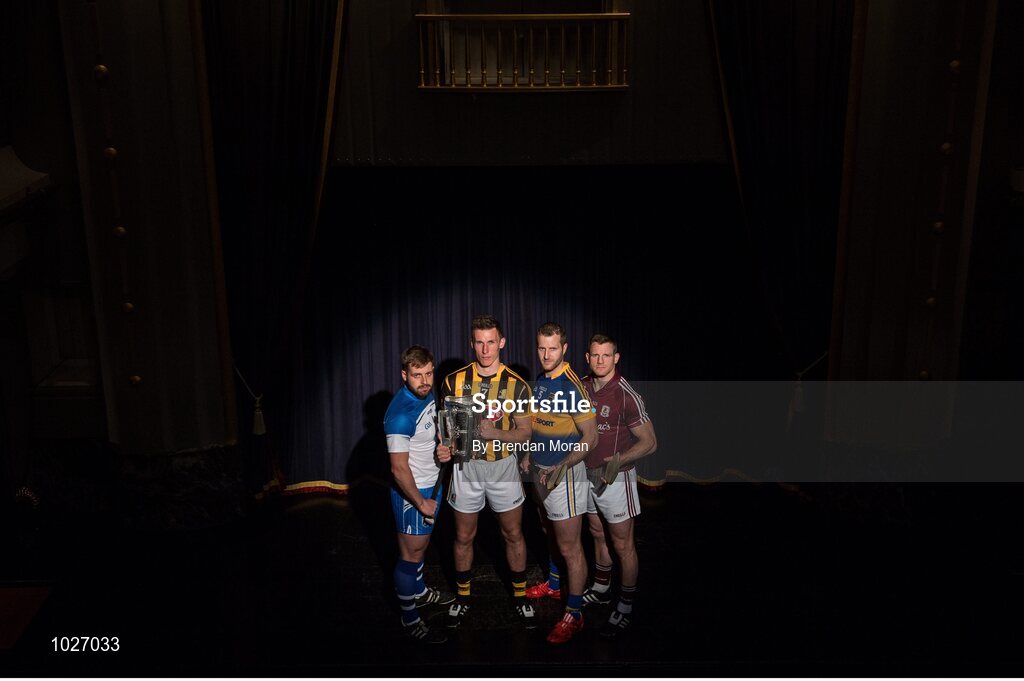 14 July 2015; In attendance at the launch of the GAA Hurling All-Ireland Senior Championship Series 2015, from left, Noel Connors, Waterford, Cillian Buckley, Kilkenny, with the Liam MacCarthy Cup, Kieran Bergin, Tipperary, and Andy Smith, Galway. Langtons House Hotel, Kilkenny. Picture credit: Brendan Moran / SPORTSFILE