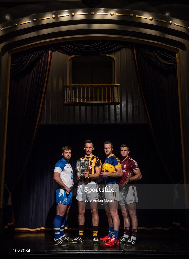 14 July 2015; In attendance at the launch of the GAA Hurling All-Ireland Senior Championship Series 2015, from left, Noel Connors, Waterford, Cillian Buckley, Kilkenny, with the Liam MacCarthy Cup, Kieran Bergin, Tipperary, and Andy Smith, Galway. Langtons House Hotel, Kilkenny. Picture credit: Brendan Moran / SPORTSFILE