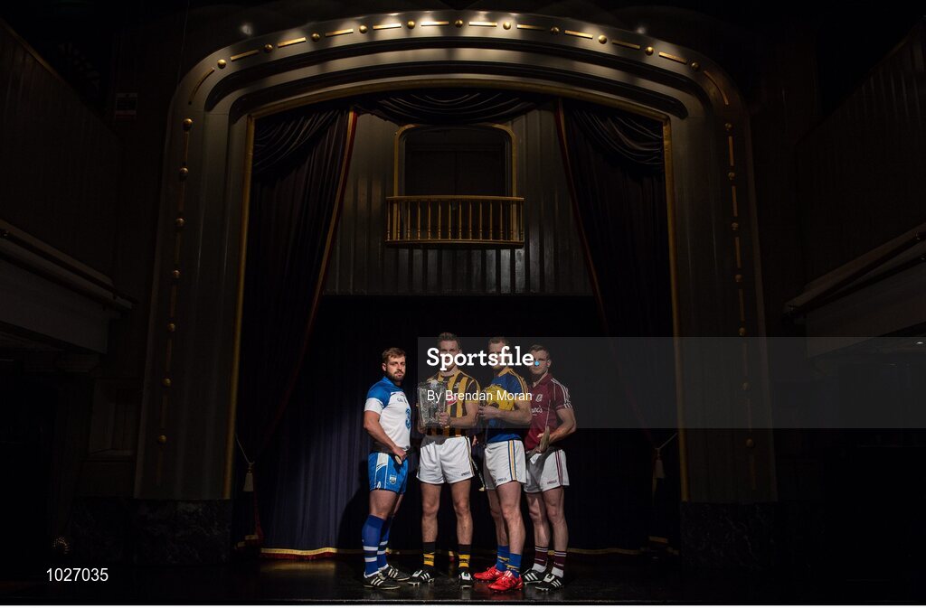 14 July 2015; In attendance at the launch of the GAA Hurling All-Ireland Senior Championship Series 2015, from left, Noel Connors, Waterford, Cillian Buckley, Kilkenny, with the Liam MacCarthy Cup, Kieran Bergin, Tipperary, and Andy Smith, Galway. Langtons House Hotel, Kilkenny. Picture credit: Brendan Moran / SPORTSFILE