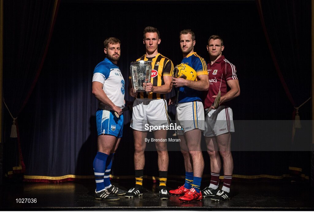 14 July 2015; In attendance at the launch of the GAA Hurling All-Ireland Senior Championship Series 2015, from left, Noel Connors, Waterford, Cillian Buckley, Kilkenny, with the Liam MacCarthy Cup, Kieran Bergin, Tipperary, and Andy Smith, Galway. Langtons House Hotel, Kilkenny. Picture credit: Brendan Moran / SPORTSFILE