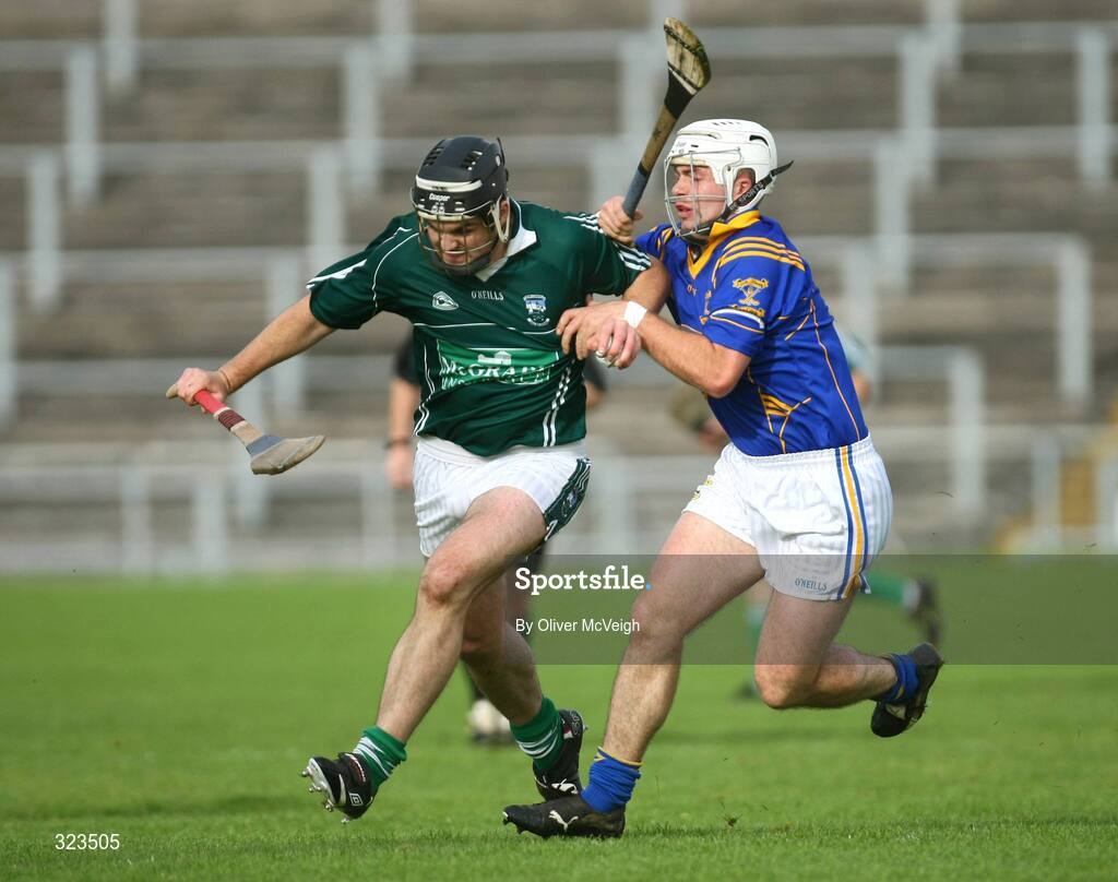 12 October 2008; Aaron Dynes, Ballygalget John Mitchels, in action against Paul McCormack, Keady Lamh Dhearg. AIB Ulster Club Senior Hurling Championship Semi-Final, Ballygalget John Mitchels v Keady Lamh Dhearg, Casement Park, Belfast, Co. Antrim. Picture credit: Oliver McVeigh / SPORTSFILE