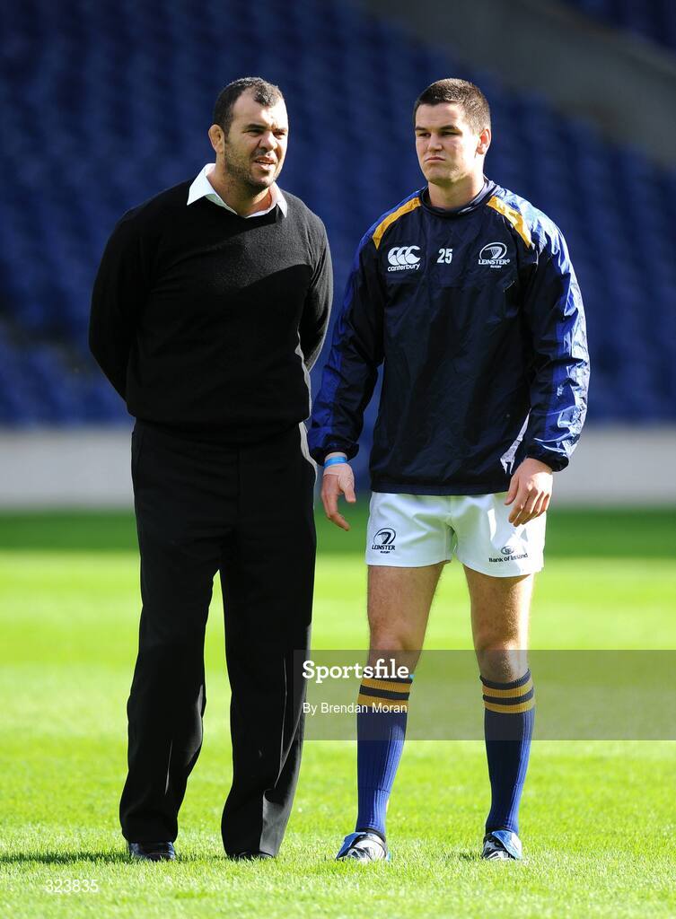 11 October 2008; Leinster head coach Michael Chieka in conversation with out-half Jonathan Sexton before the game. Heineken Cup, Pool 2, Round 1, Edinburgh v Leinster, Murrayfield, Edinburgh, Scotland. Picture credit: Brendan Moran / SPORTSFILE