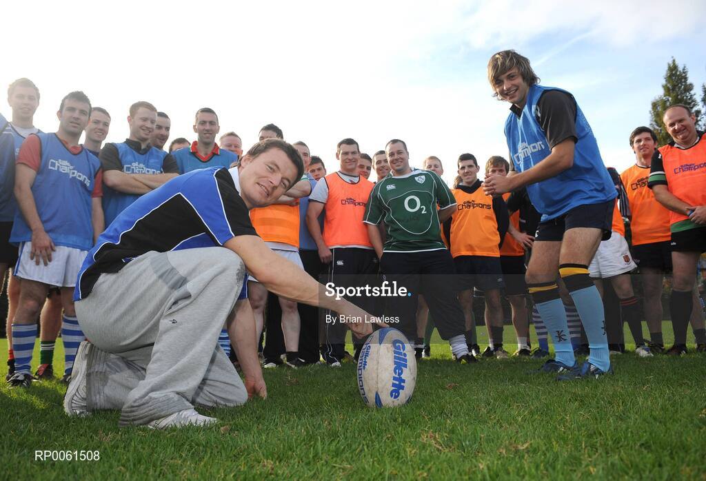 12 October 2008; RAZOR SHARP SKILLS: Irish rugby legend Brian O’Driscoll pulled on his Gillette jersey as he hosted the 2008 Gillette Fusion Rugby Coaching Clinic at Wanderers Rugby Club. The Clinic saw 45 lucky participants gather from all parts of the country to take part in an exclusive days’ coaching with the Irish Rugby Captain and Leinster star along with top Leinster coaches. To see all the action and top tips log on to www.gillettechampions.ie. At the clinic is Brian O'Driscoll with Josh Morton, from Armagh, and the rest of the rugby hopefuls who took part. Wanderers Rugby Club, Merrion Road, Ballsbridge, Dublin. Picture credit: Brian Lawless / SPORTSFILE