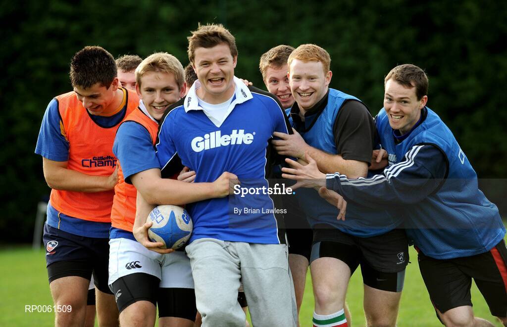 12 October 2008; RAZOR SHARP SKILLS: Irish rugby legend Brian ODriscoll pulled on his Gillette jersey as he hosted the 2008 Gillette Fusion Rugby Coaching Clinic at Wanderers Rugby Club. The Clinic saw 45 lucky participants gather from all parts of the country to take part in an exclusive days coaching with the Irish Rugby Captain and Leinster star along with top Leinster coaches. To see all the action and top tips log on to www.gillettechampions.ie. At the clinic is Brian O'Driscoll with, from left, James Henly, from Bangor, Philip Whyte, from Bangor, George Tennyson, from Kilkenny, Chris Condon, from Tralee, and Rossa Martin, from Donegal. Wanderers Rugby Club, Merrion Road, Ballsbridge, Dublin. Picture credit: Brian Lawless / SPORTSFILE