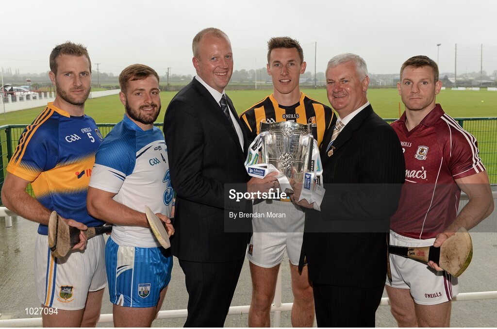 14 July 2015; In attendance at the launch of the GAA Hurling All-Ireland Senior Championship Series 2015, from left, Kieran Bergin, Tipperary, Noel Connors, Waterford, John Coffey, Sponsorship Manager, Liberty Insurance, Cillian Buckley, Kilkenny, Uachtarán Chumann Lúthchleas Gael Aogán Ó Fearghail and Andy Smith, Galway. Langtons House Hotel, Kilkenny. Picture credit: Brendan Moran / SPORTSFILE