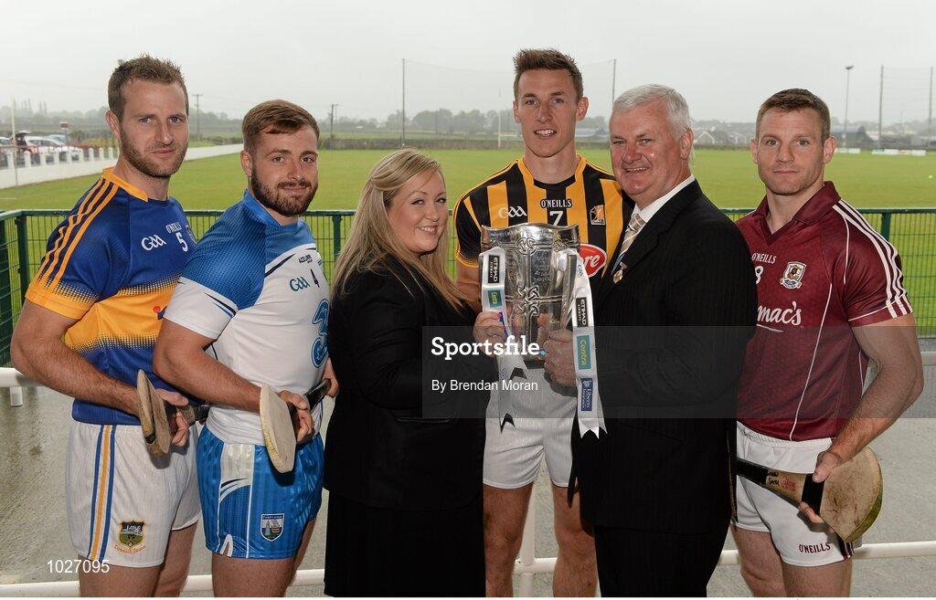 14 July 2015; In attendance at the launch of the GAA Hurling All-Ireland Senior Championship Series 2015, from left, Kieran Bergin, Tipperary, Noel Connors, Waterford, Louise Wheatley, Marketing Manager, Ireland, Etihad Airways, Cillian Buckley, Kilkenny, Uachtarán Chumann Lúthchleas Gael Aogán Ó Fearghail and Andy Smith, Galway. Langtons House Hotel, Kilkenny. Picture credit: Brendan Moran / SPORTSFILE