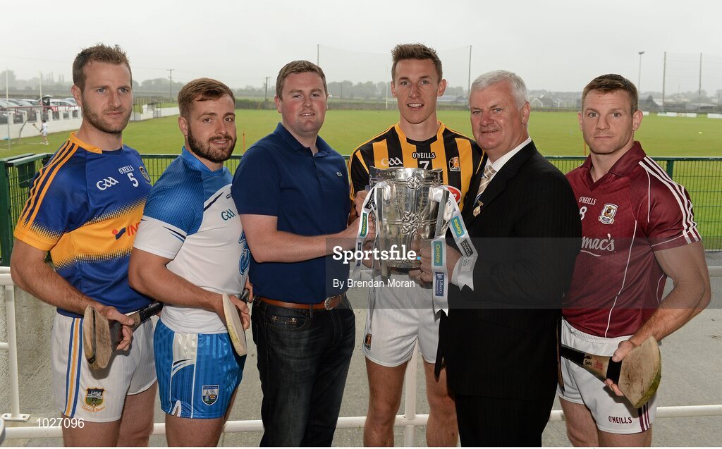 14 July 2015; In attendance at the launch of the GAA Hurling All-Ireland Senior Championship Series 2015, from left, Kieran Bergin, Tipperary, Noel Connors, Waterford, Murice Nolan, Nolan Centre, Ardnore, Co. Kilkenny, Cillian Buckley, Kilkenny, Uachtarán Chumann Lúthchleas Gael Aogán Ó Fearghail and Andy Smith, Galway. Langtons House Hotel, Kilkenny. Picture credit: Brendan Moran / SPORTSFILE