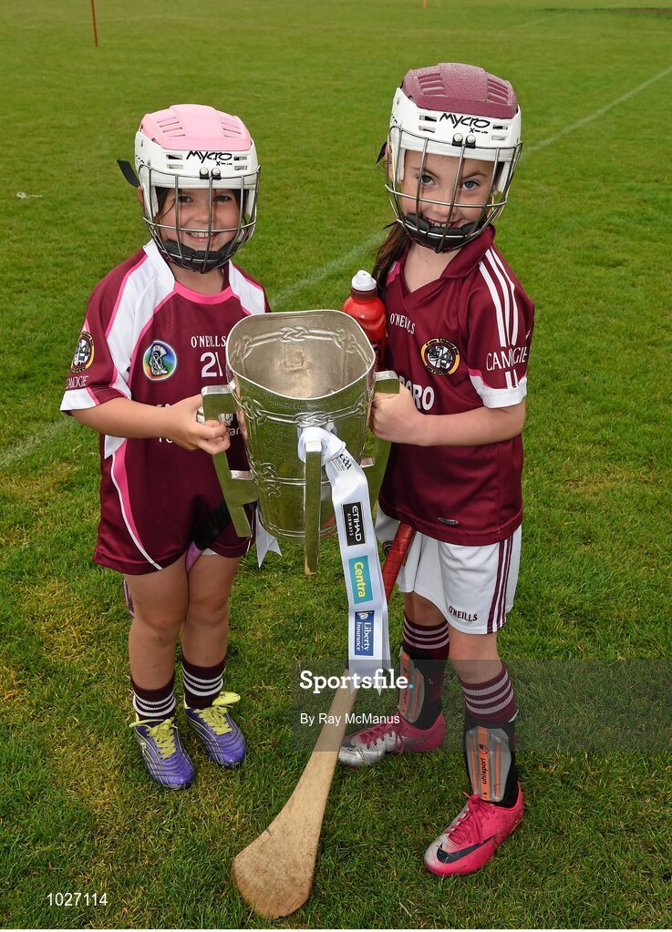 14 July 2015; Eight year old Aoibhín Deegan and Rachael Rhatigan from the Dicksboro GAA and Camogie Club with the Liam MacCarthy Cup at the launch of the GAA Hurling All-Ireland Senior Championship Series 2015. Dicksboro GAA Club, Kilkenny. Picture credit: Ray McManus / SPORTSFILE