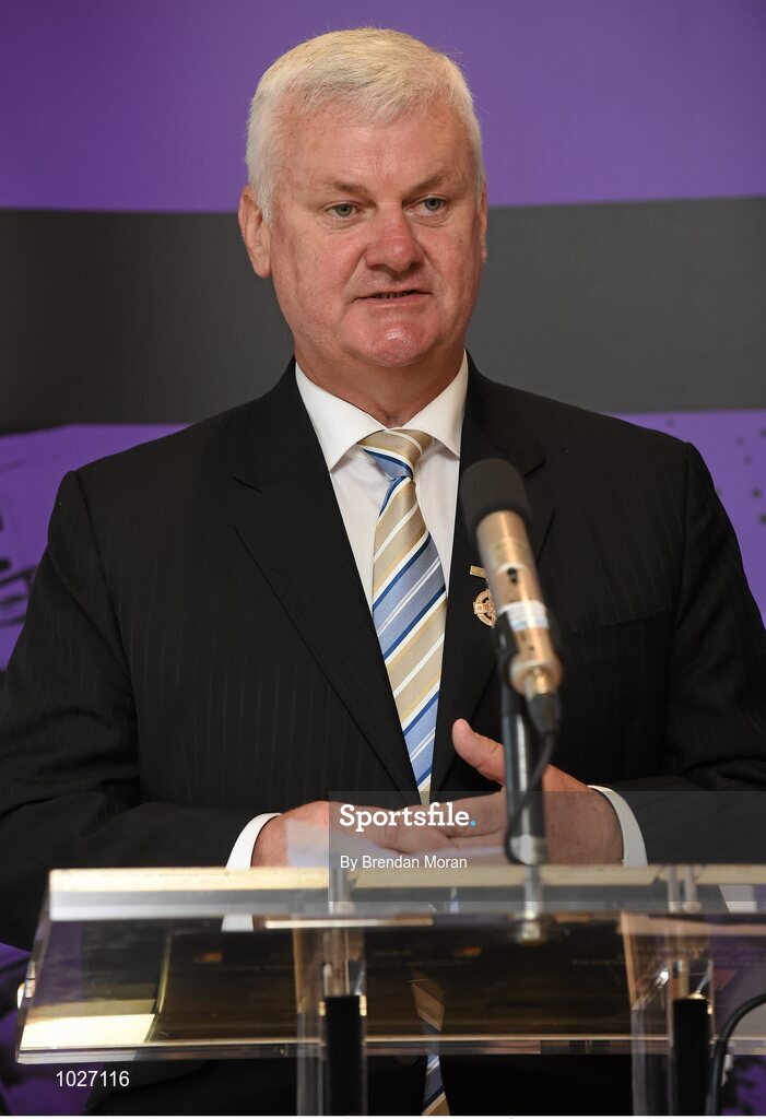 14 July 2015; In attendance at the launch of the GAA Hurling All-Ireland Senior Championship Series 2015 is Uachtarán Chumann Lúthchleas Gael Aogán Ó Fearghail. Dicksboro GAA Club, Kilkenny. Picture credit: Brendan Moran / SPORTSFILE