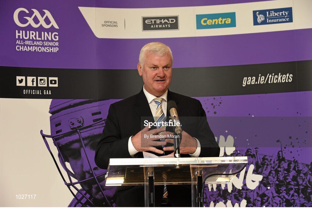 14 July 2015; In attendance at the launch of the GAA Hurling All-Ireland Senior Championship Series 2015 is Uachtarán Chumann Lúthchleas Gael Aogán Ó Fearghail. Dicksboro GAA Club, Kilkenny. Picture credit: Brendan Moran / SPORTSFILE