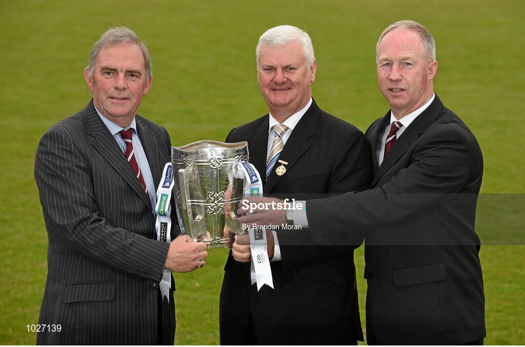 14 July 2015; In attendance at the launch of the GAA Hurling All-Ireland Senior Championship Series 2015 is Uachtarán Chumann Lúthchleas Gael Aogán Ó Fearghail with Eddie Holohan, Chairman, Dicksboro GAA Club and Pat Moylan, Dicksboro GAA Club Secretary. Dicksboro GAA Club, Kilkenny. Picture credit: Brendan Moran / SPORTSFILE